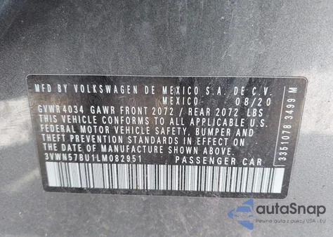 2020 Volkswagen Jetta 1.4T R-Line/1.4T S from USA, damaged, VIN 3VWN57BU1LM082951